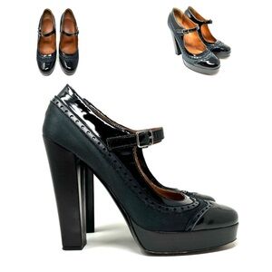 LANVIN leather, silk Mary Jane heels, made in Italy, size 38.5